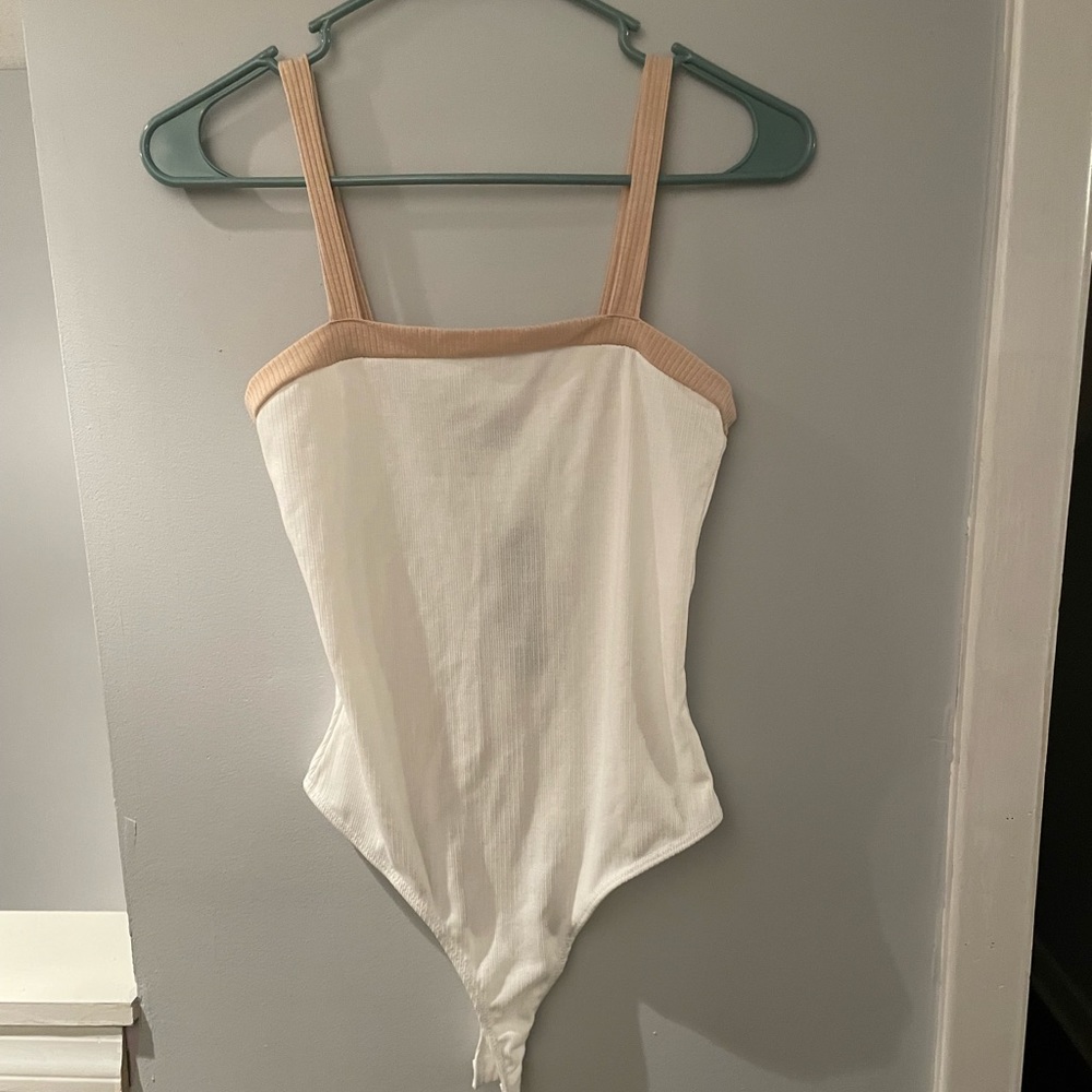Lulus White Tank Bodysuit with Tan Straps